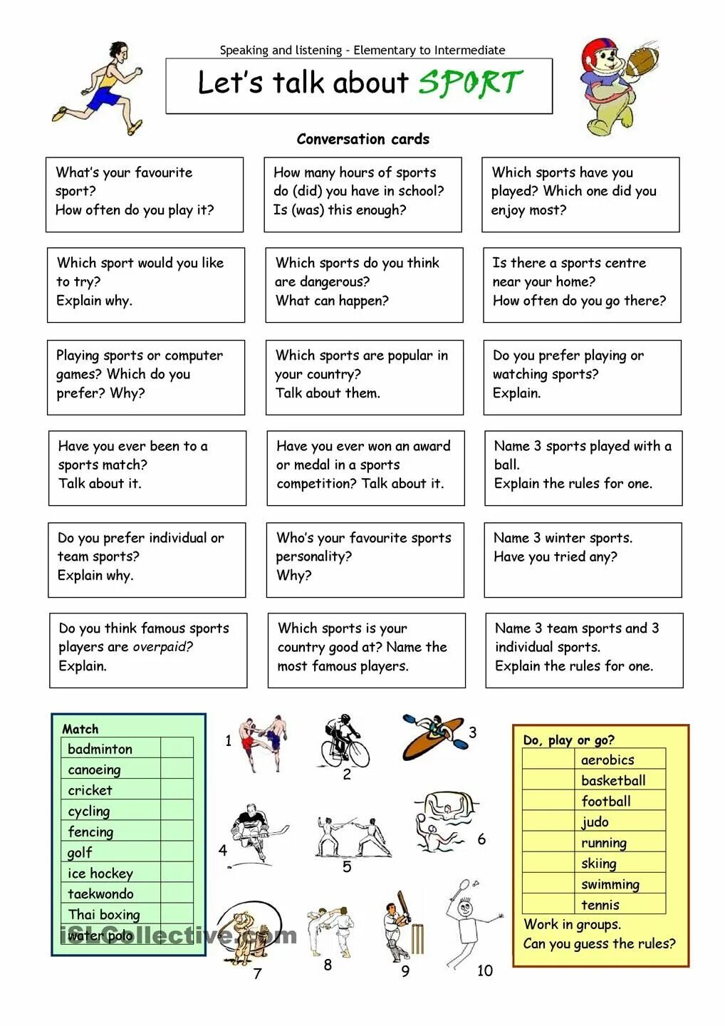 Английский speaking Worksheet. Lets talk about Sport. Карточки для speaking. Спорт английский Worksheet. Listening and doing games