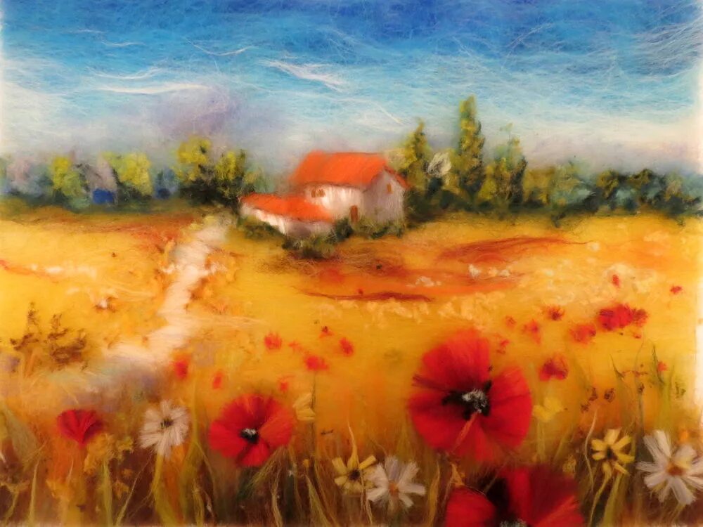 Картины шерстью лаванда. Картина шерстью лавандовое поле. Войлочная акварель. Шерстяная живопись. Шерстяная живопись пейзажи.