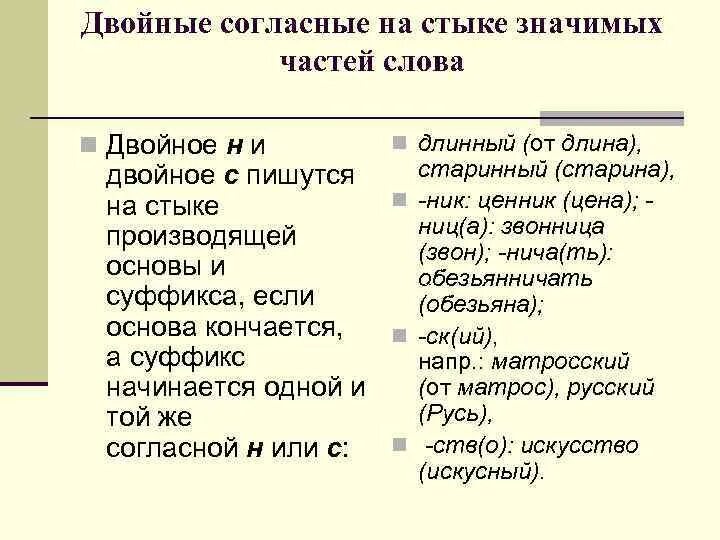 Удвоенная согласная на стыке. Двойные согласные на стыке. Удвоенная согласная на стыке частей слова. Удвоенные согласные на стыке частей слова. Двойные согласные на стыке морфем.