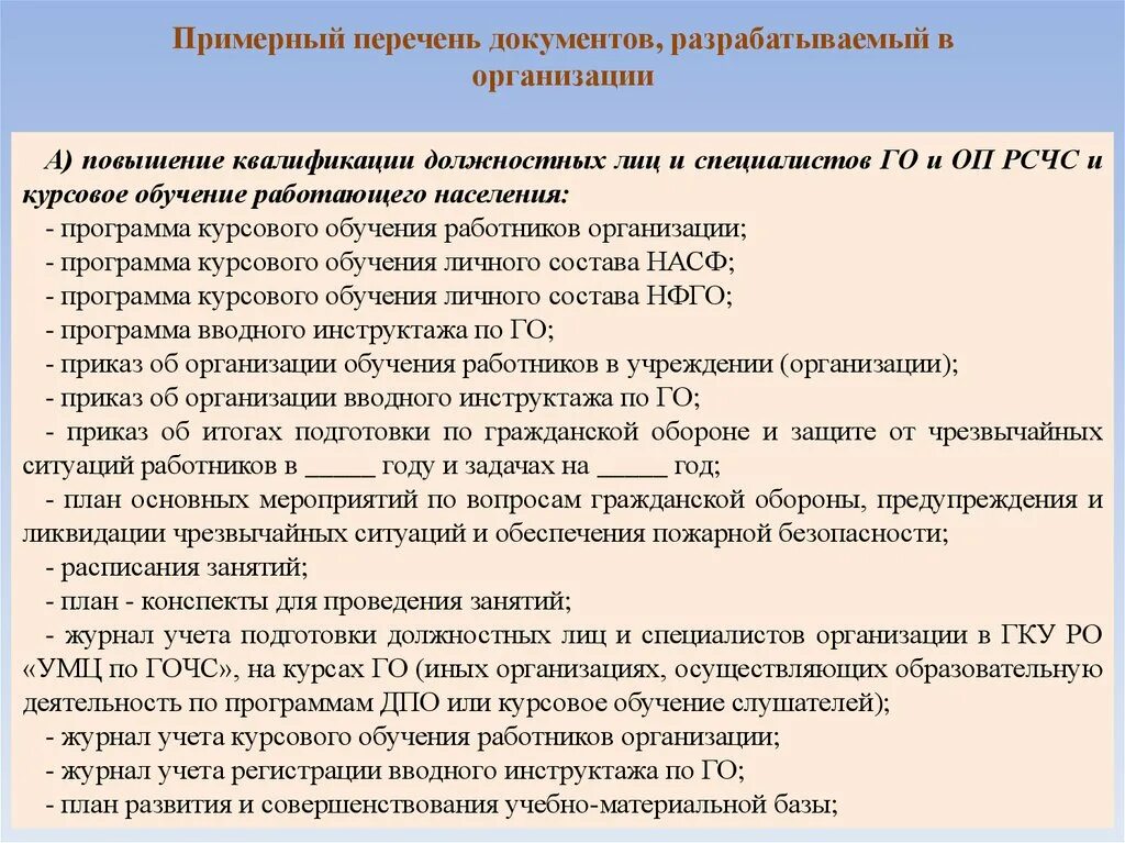 Документы по го и ЧС В организации. Обучение по го и ЧС В организации. Документы разработанные организацией. Перечень документов по го и ЧС В организации. Специалист учреждения подготовки