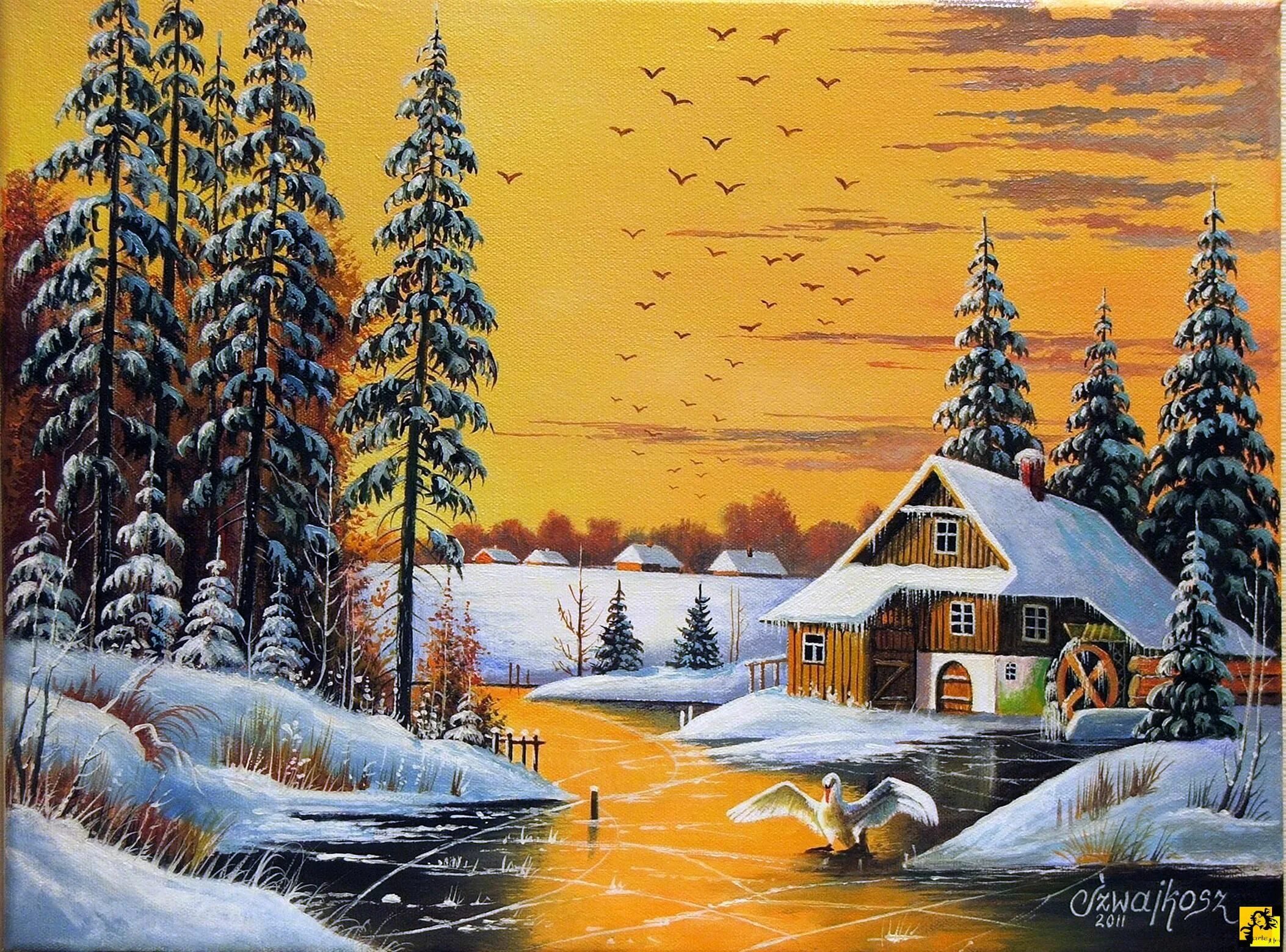 Изображен зимний пейзаж. Czeslaw szwajkosz художник зима. чеслав швайкош картины. пейзажи чеслав швайкош. польский художник czeslaw.