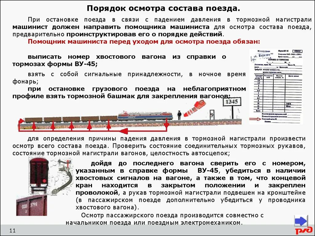 Минимальное время остановки. Порядок осмотра состава поезда. Действия машиниста при падении давления в тормозной магистрали. Порядок закрепления поезда. Порядок проведения осмотра железнодорожных.