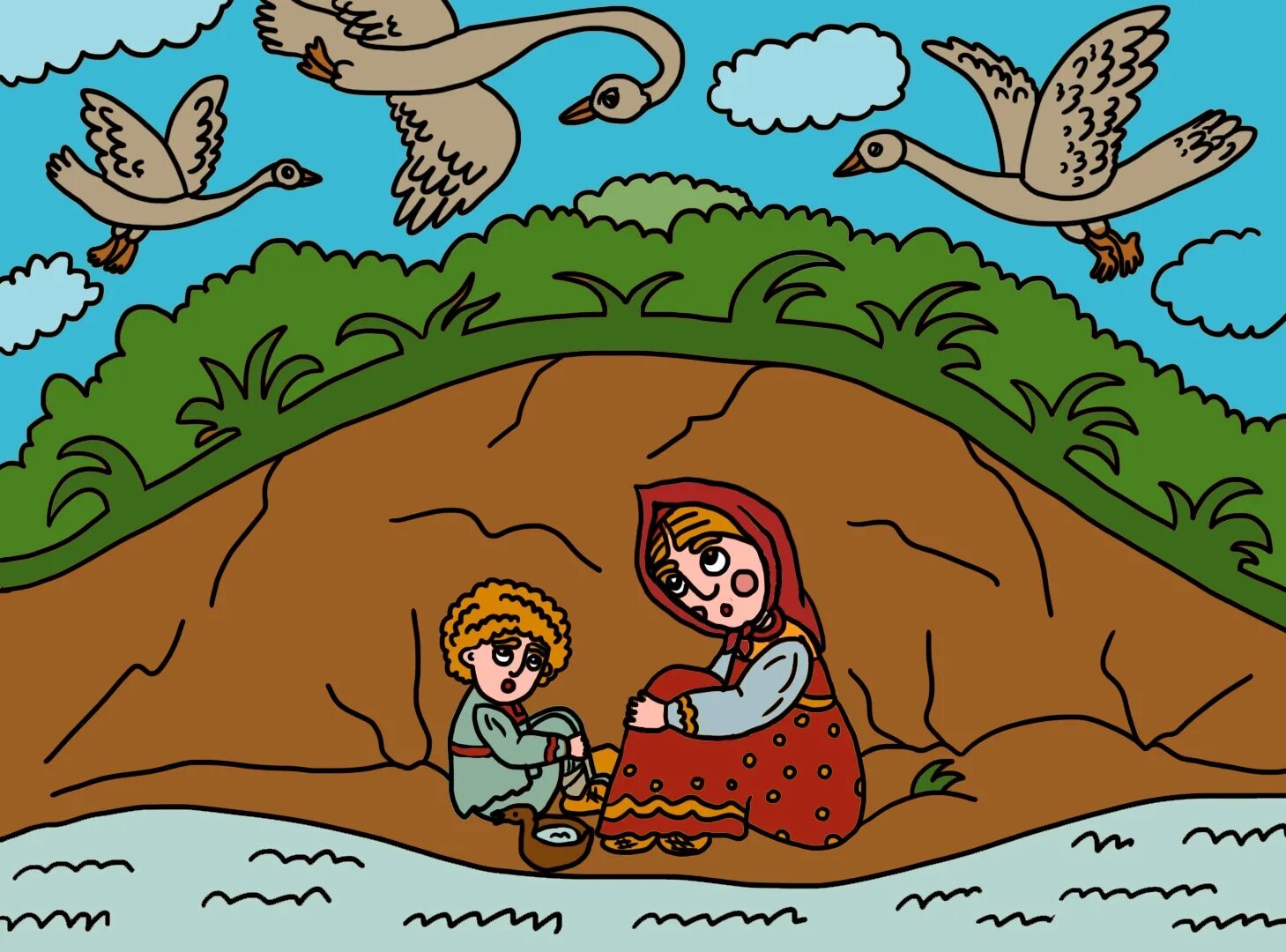 Иллюстрация к сказке 2 класс. Гуси лебеди речка кисельные берега. Молочная река гуси лебеди. Сказка гуси лебеди речка. Гуси-лебеди сказка кисельные берега.
