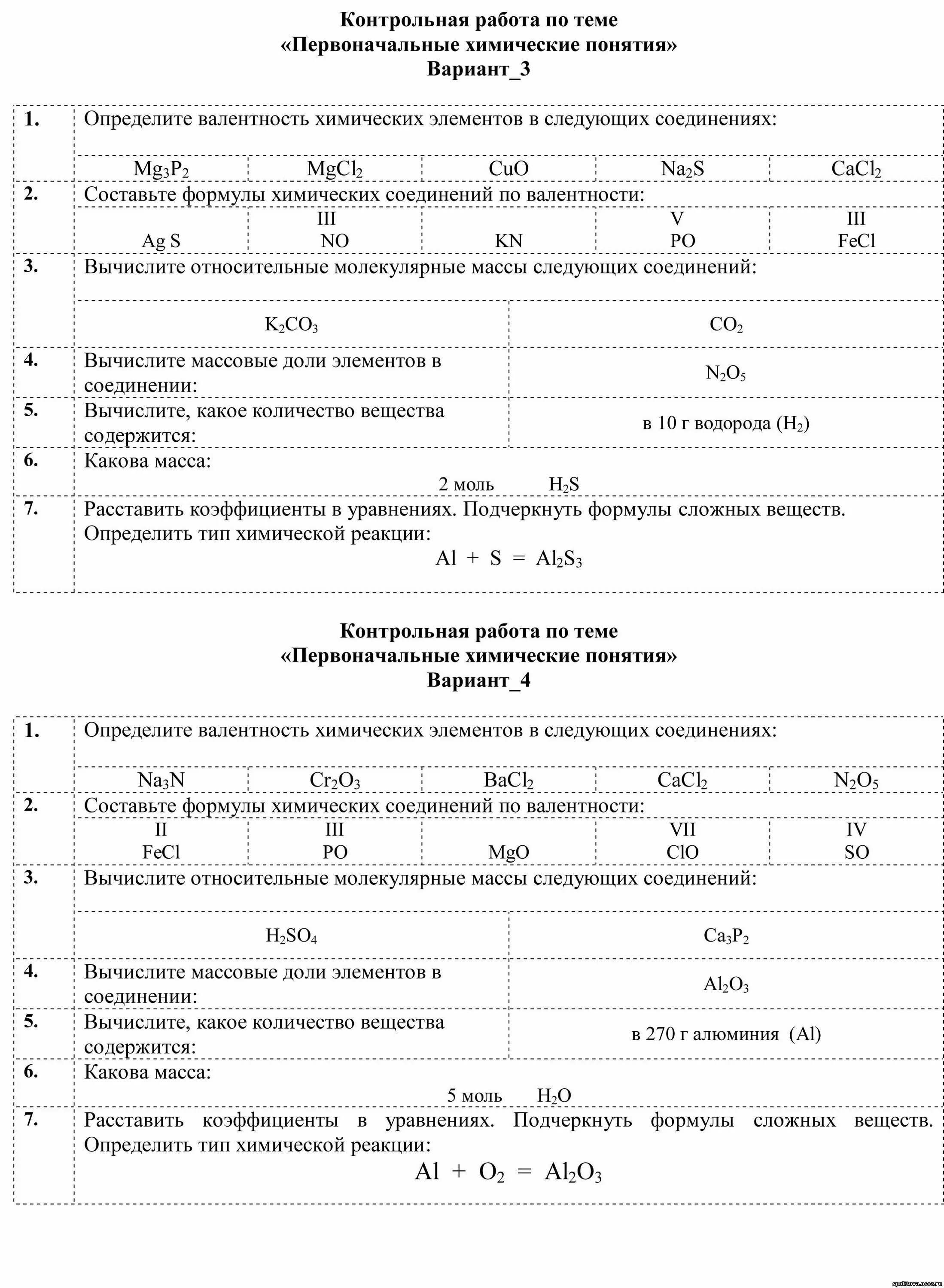 Контрольная работа по химии 7 класс. Контрольная работа по химии 7 класс