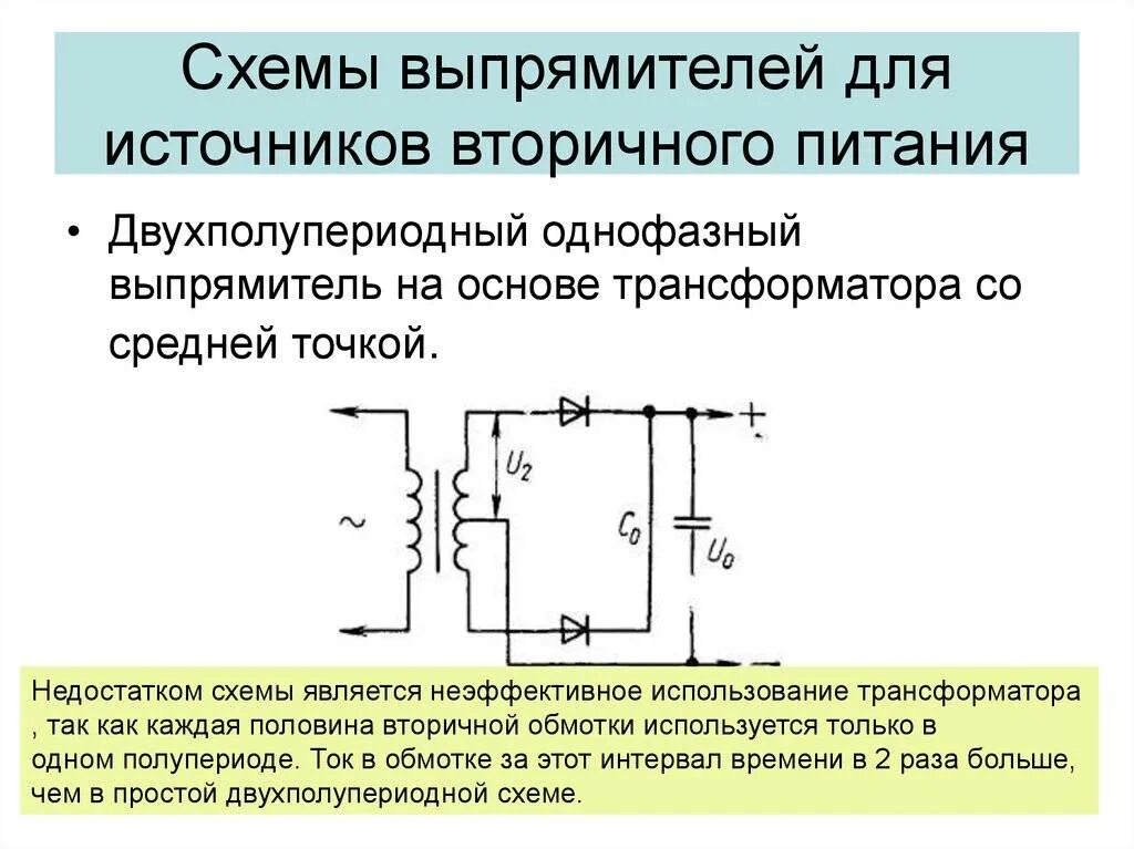 Назначение источника питания. Параллельное соединение вторичных обмоток трансформатора. Схемы включения трансформаторов для выпрямительных установок. Однофазный источник питания на схеме. Схема с выводом средней точки вторичной обмотки трансформатора.