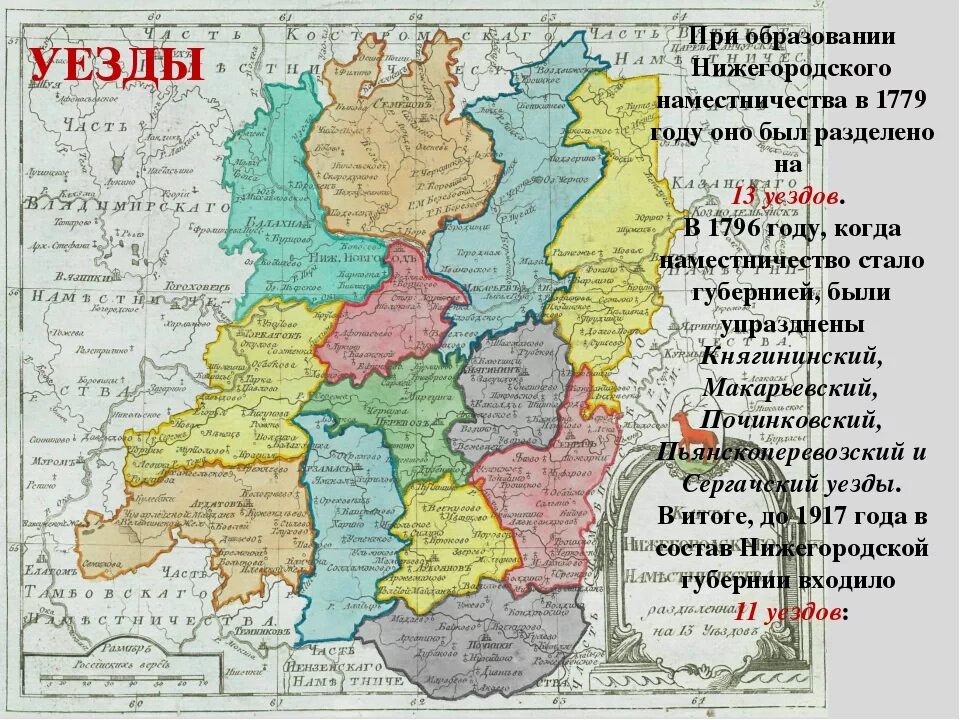 Центр самой большой губернии россии. Уезды Нижегородской губернии в 18 веке. Карта Нижегородской губернии. Границы Нижегородской губернии до 1917 года. Уезды Нижегородской губернии в 19 веке.