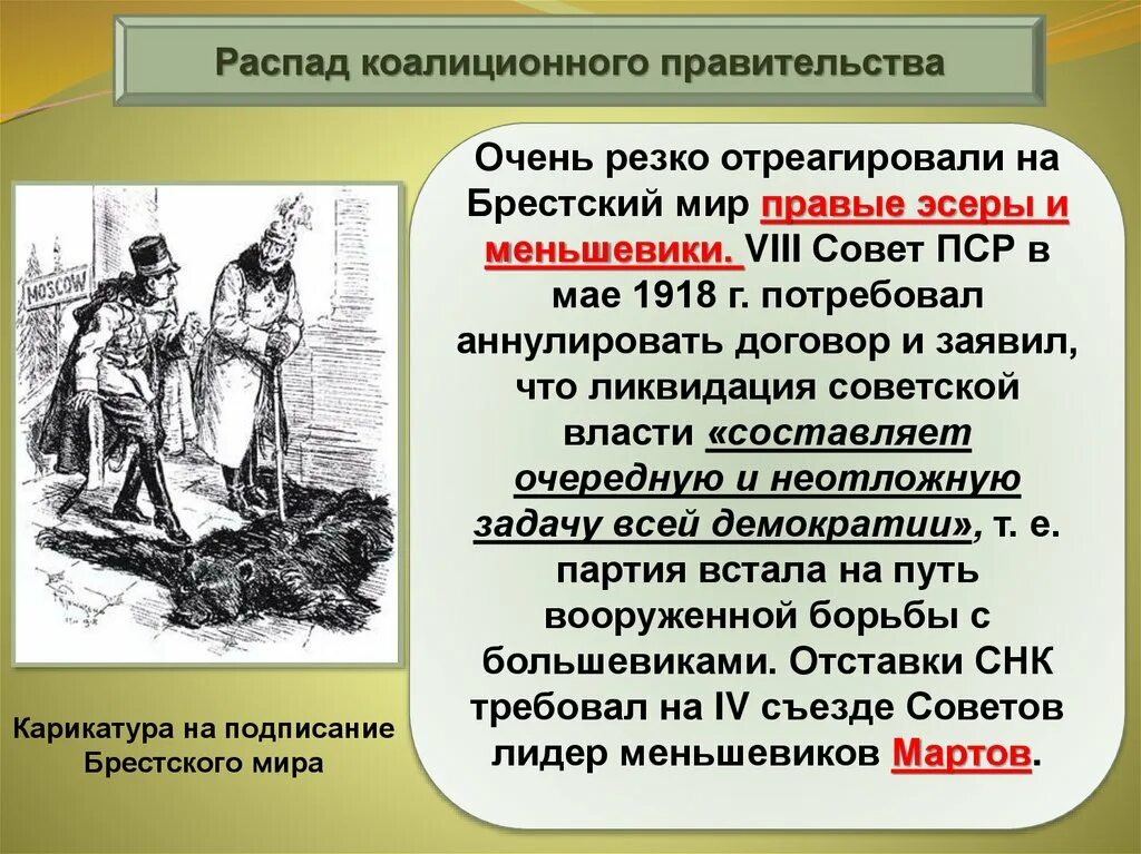 Формирование коалиции. Распад коалиционного правительства. распад коалиционного советского правительства. очень резко правые эсеры и меньшевики отреагировали на брестский мир. формирование коалиционного советского правительства.