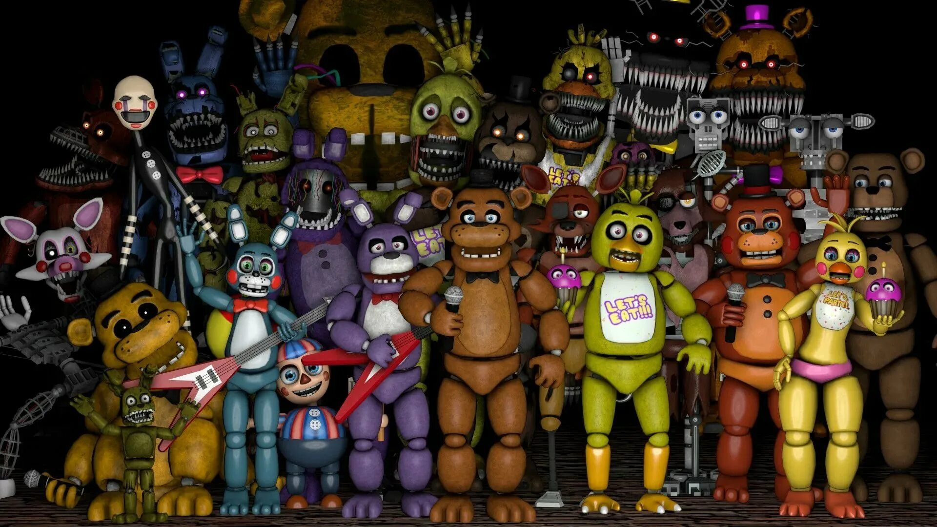 Аниматроников 2 части. Five Nights at Freddy's 5 АНИМАТРОНИКИ. Фиве Нигхт АТ Фредди. Фредди FNAF FNAF. ФНАФ 1 И 2.