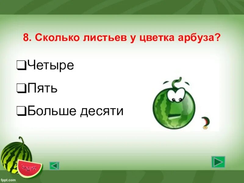 Папа купил 4 арбуза. Вопросы про Арбуз с ответами. Загадка про Арбуз для детей 6-7.