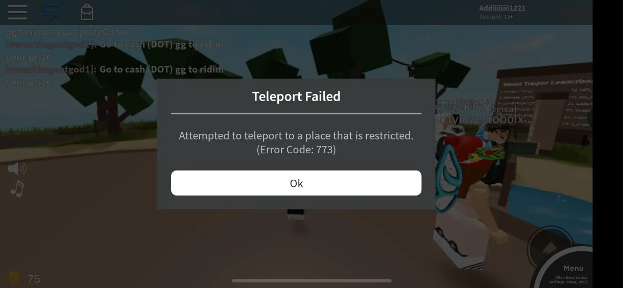 Что означает в роблоксе 288. Код 773 в РОБЛОКСЕ. Error code 773 Roblox. Ошибка 773 в РОБЛОКС. Teleport failed Roblox.