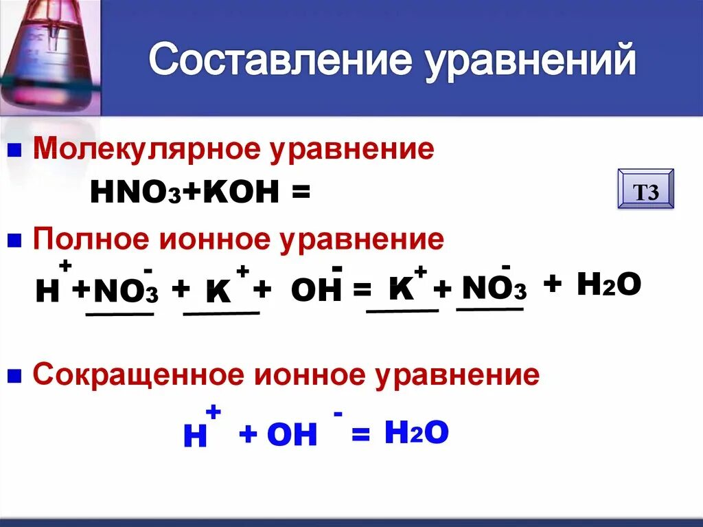 Уравнения ионных реакций молекулярное полное сокращенное