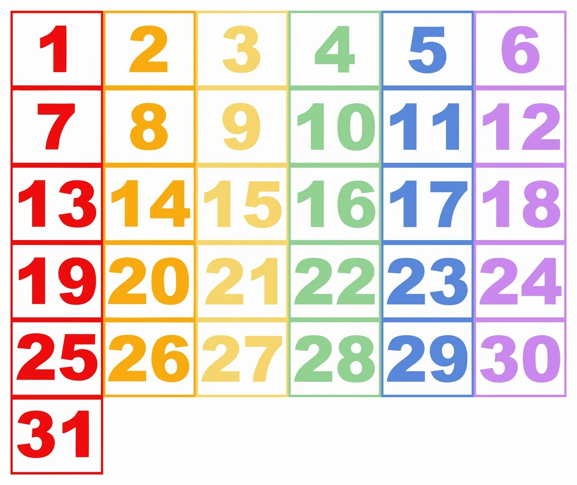 Первые числа января. Числа для календаря природы. Цифры для календаря. Разноцветные цифры от 1 до 31. Цифры для календаря природы.