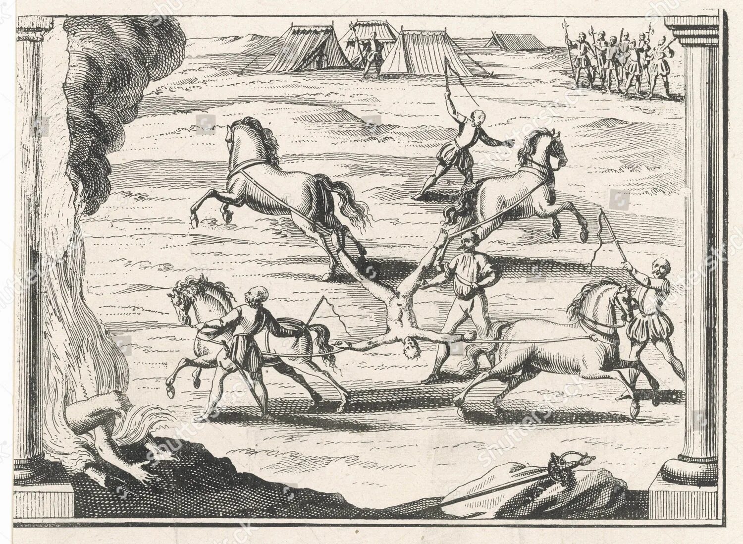 Пытка лошадью. Робер-Франсуа Дамьен четвертование. Мучение четвертование лошадьми. Четвертование гравюра.