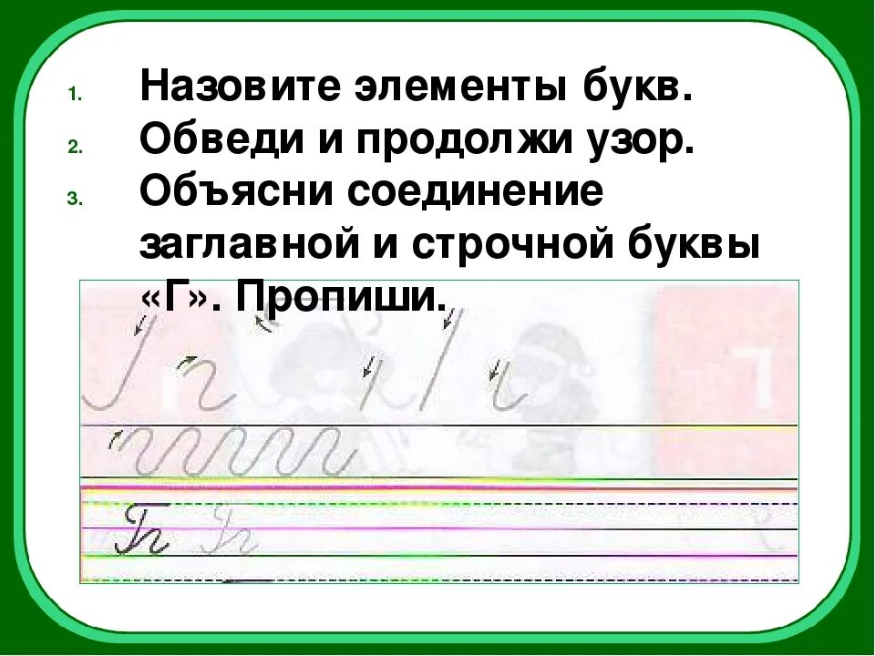 Буквы состоящие из двух элементов. Соединения в элементах букв. элементы букв. соединения заглавной буквы г. элементы буквы г.