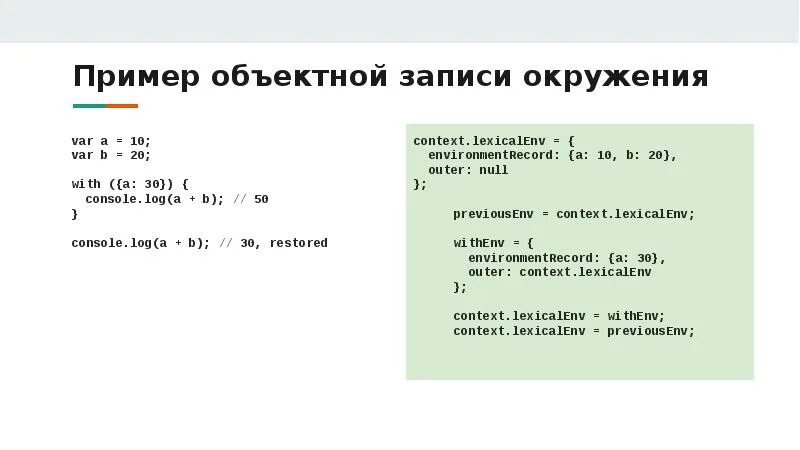 Писать окружение. Пример объектного кода. Console.log('b' + 'a' + + 'a' + 'a') в js.