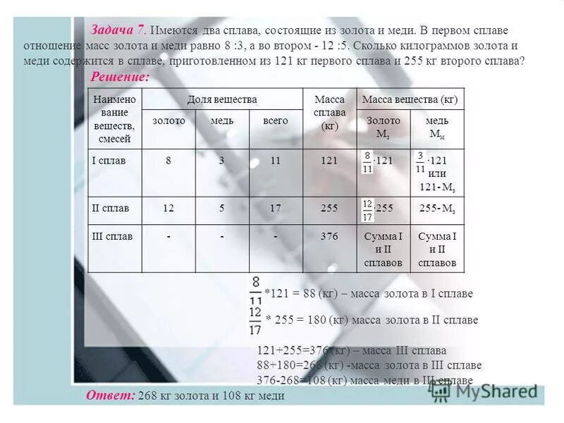Задача на сплавы и отношение сплавов. Масса сплав и меди и серебра. Имеется два сплава золота.