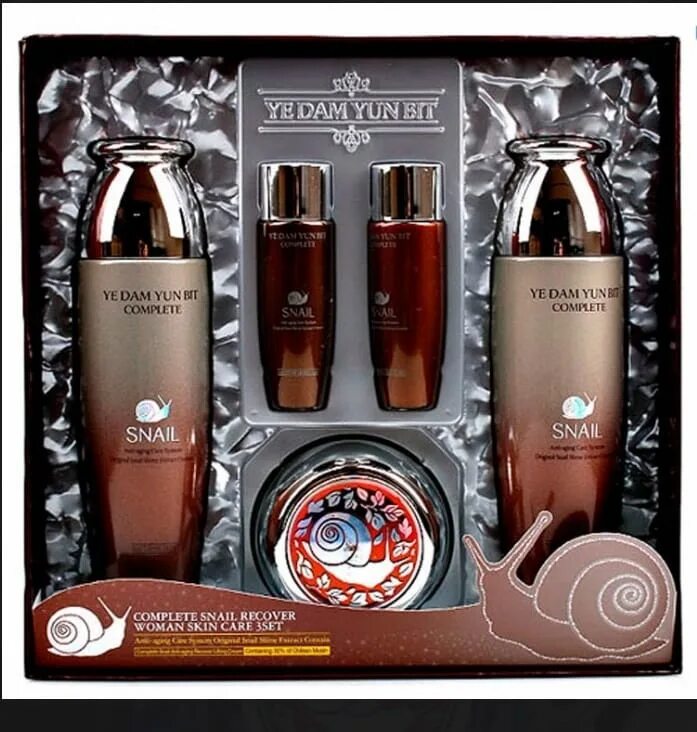 Набор с муцином улитки. Корейская косметика Snail Skin. Snail Skin Care 4 Set набор. Yedam Yun bit complete Snail recover woman Skin Care Set. Ye dam Yun bit Prime Luxury Gold Skin Care Set.