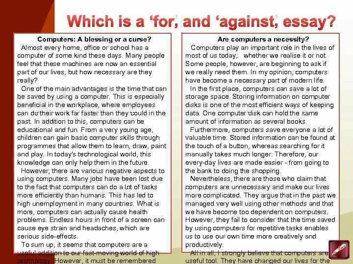 For and against writing. Эссе на тему Computers a Blessing or a Curse. Структура эссе for and against essay. For and against essay клише. Задание по for and against essay.