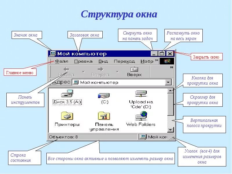 Элементы окон приложений. Структура окна операционной системы Windows. Структура окна. Структура окна программы. Строение окна программы.