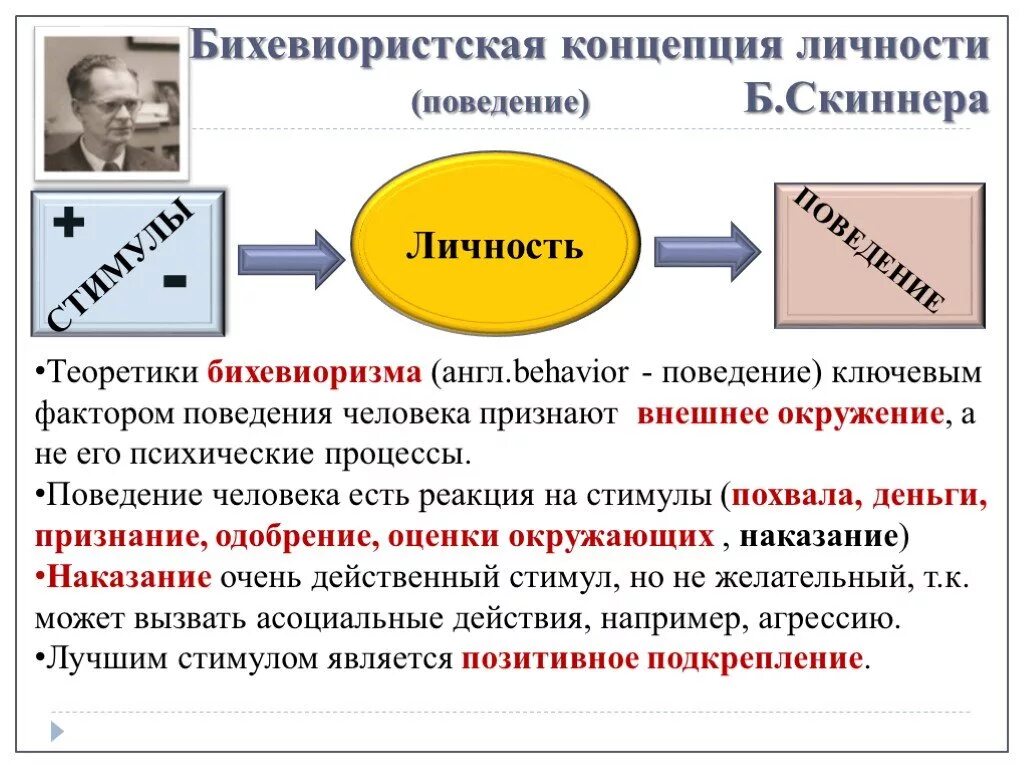 Реакция общества на поведение человека или группы. Структура личности в бихевиоризме. Скиннер личность. Скиннер структура личности. Концепции личности.