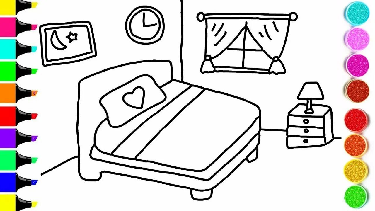 Much color. Bedroom picture for kids раскраска. рисунок спальня детская для вырезания. bedroom for kids coloring page colo. clothes in the bedroom for colouring.
