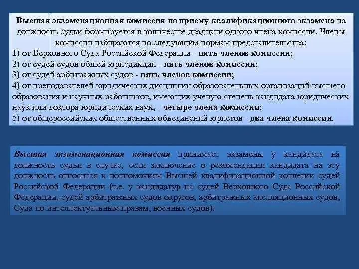 Экзаменационная квалификация. Порядок проведения квалификационного экзамена на должность судьи. Высшая экзаменационная комиссия. Экзаменационная комиссия судей. Порядок формирования на должность судьи.