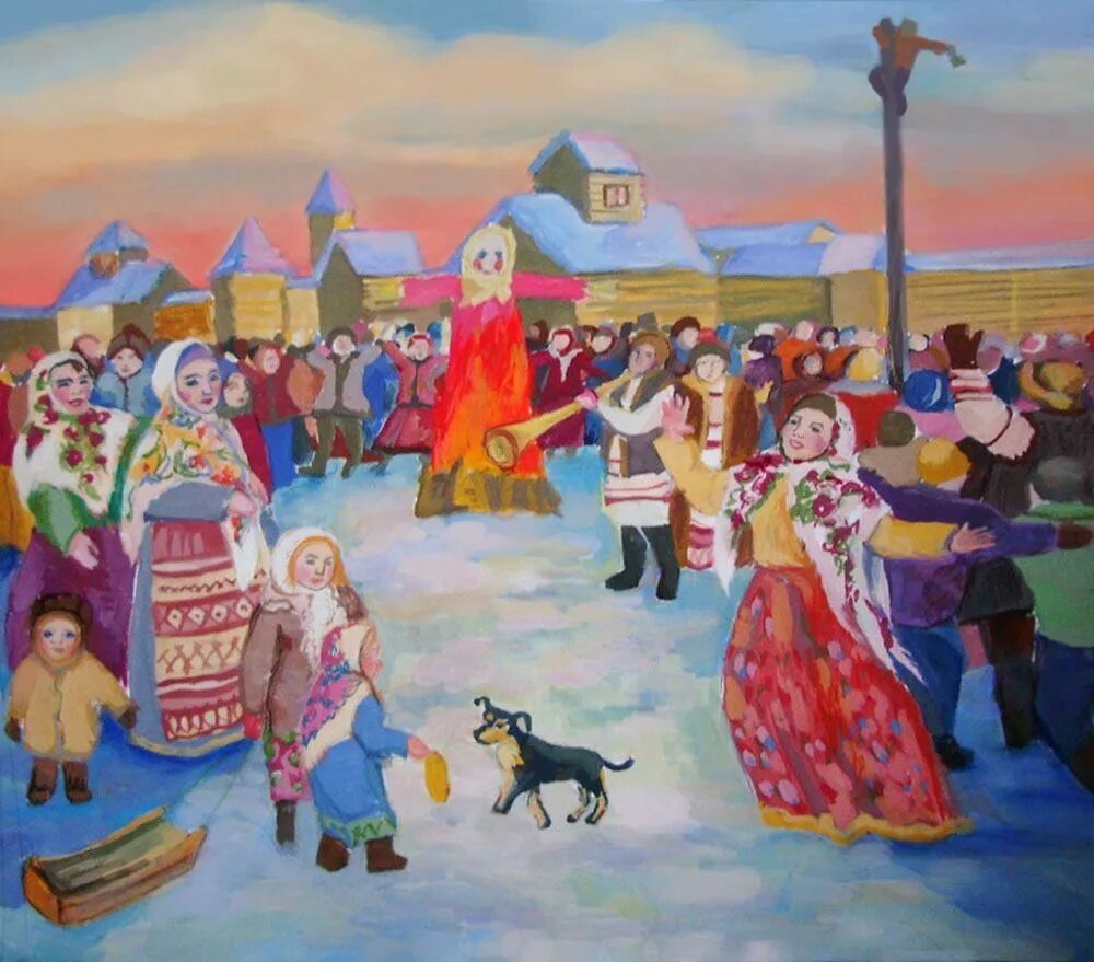 Н. Фетисов - "широкая Масленица". Праздничные народные гулянья. Иллюстрации народных праздников. Зимние народные гуляния.