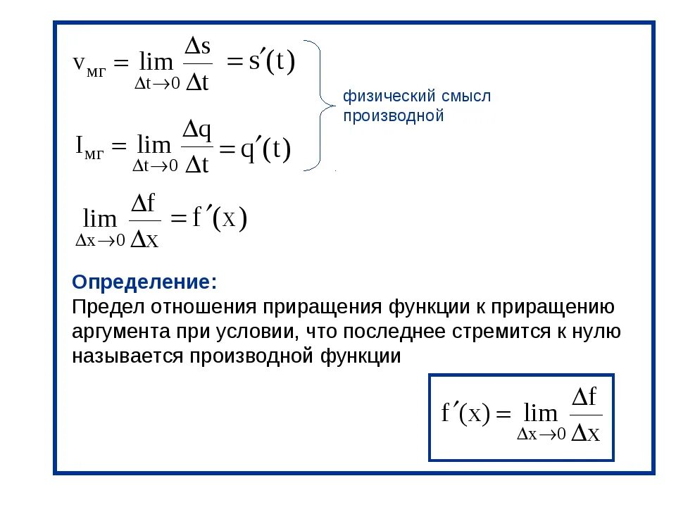 Приращение процесса. Производная это отношение приращения функции к приращению аргумента. Производная физический смысл. Производная через предел. Предел приращения функции к приращению аргумента.