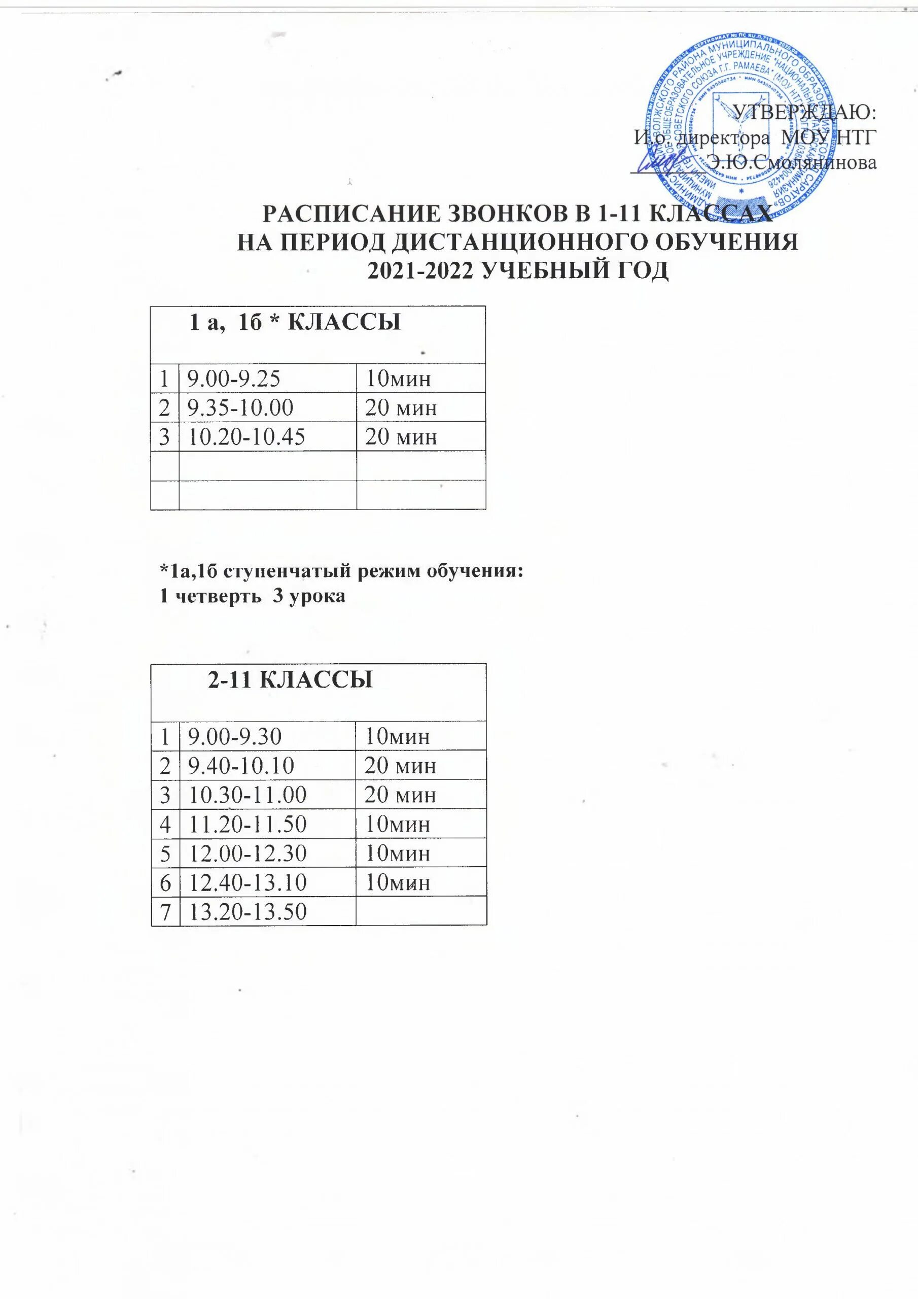 Первый расписание звонков