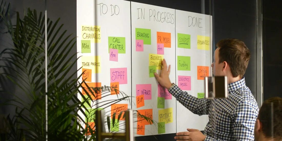 Люди у доски со стикерами. Доска со стикерами для планирования. Канбан доска. Канбан доска со стикерами. Стикер напоминание.