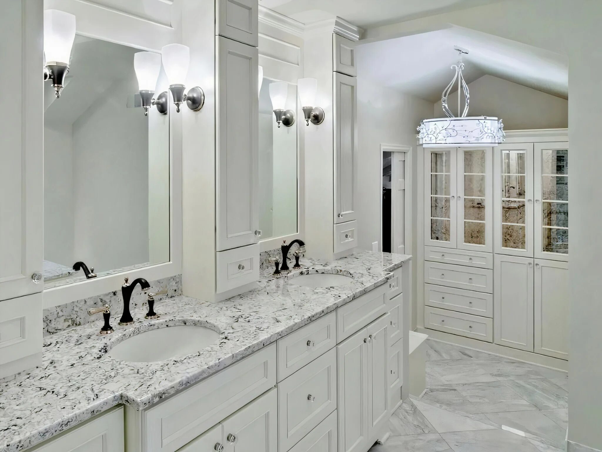 Ванная в неоклассическом стиле. Белая ванная в классическом стиле. Белая мраморная столешница в ванной. Мебель в ванную белый мрамор.