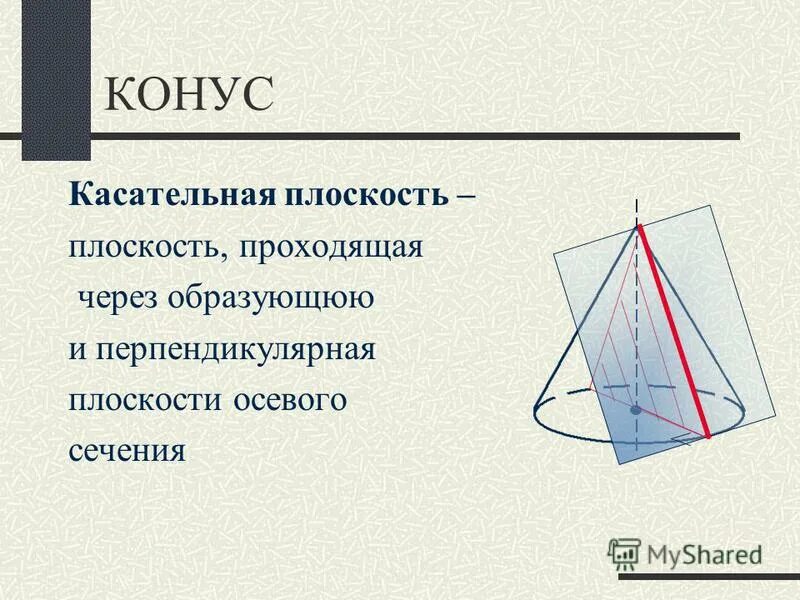 Плоскость проходящая через образующую конуса и. Плоскость проходящая через образующую конуса и