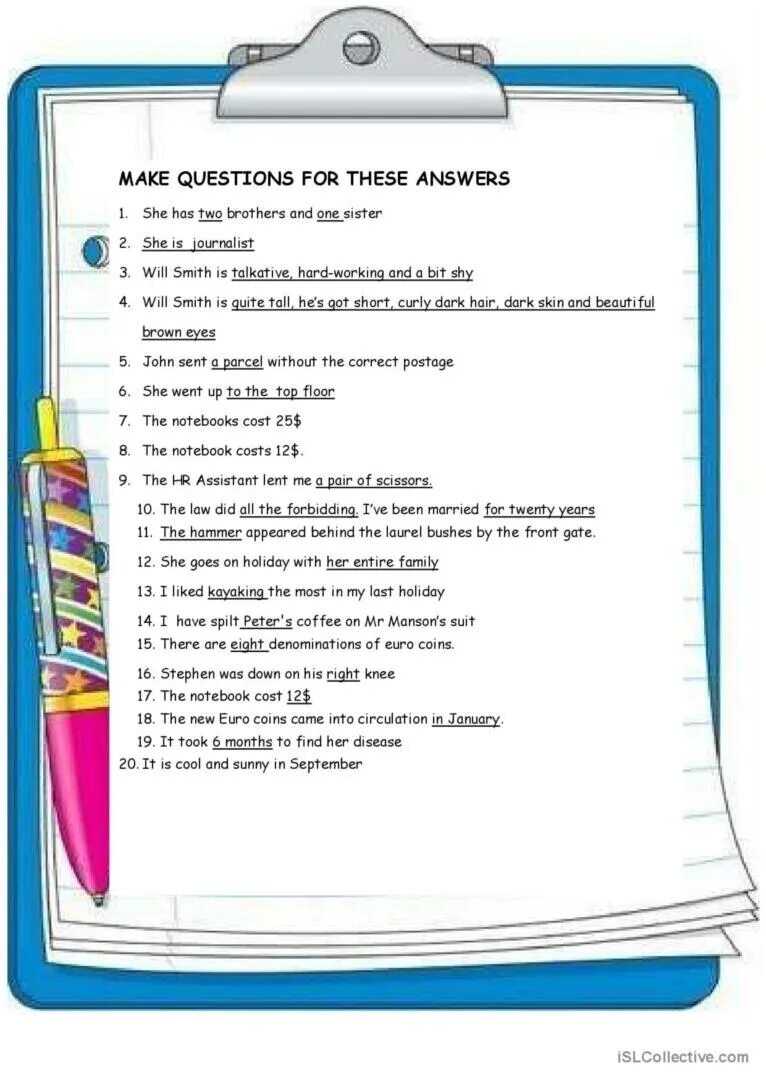 These are the answer make questions. Make questions for these answers. make questions.