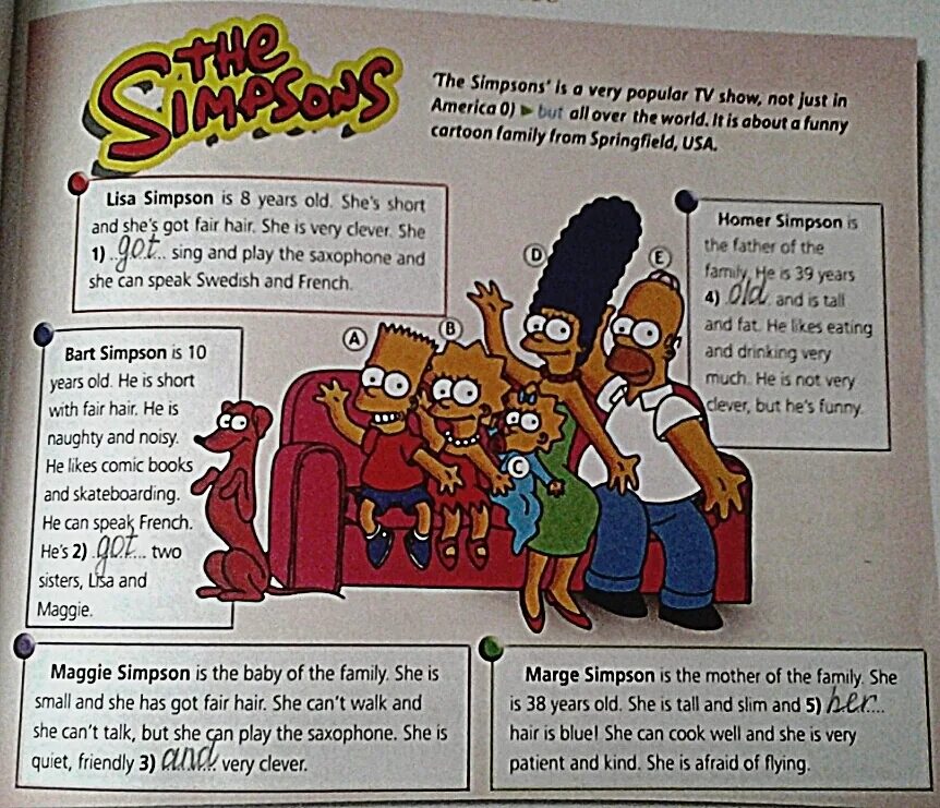 Английский язык 5 класс симпсоны. Симпсоны на английском. Описать персонажа на английском языке. Симпсоны семья на английском. Spotlight 5 family