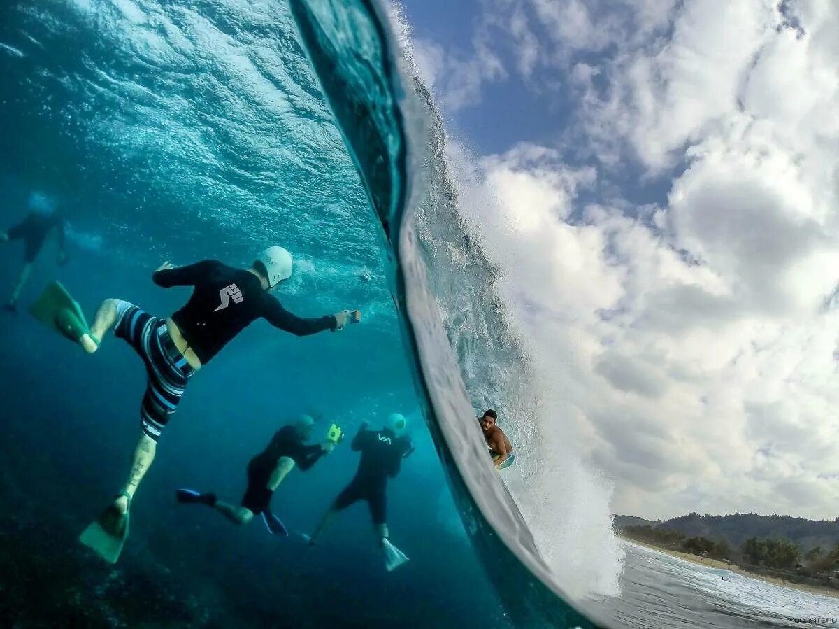 Подводный серфинг. Необычные фотографии. Над водой и под водой. Серфинг с GOPRO.