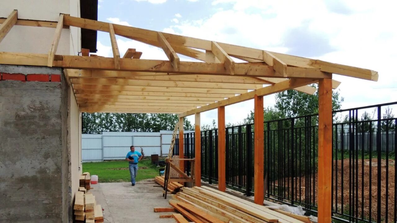 Навес с плоской крышей. Односкатный навес 8500*6500. Навес односкатный 5х5 чертеж. Односкатная каркасная веранда. Односкатный навес балки 150*50.