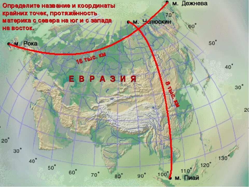 Координаты мыса пиай широта и долгота. Географическое положение Евразии крайние точки. Географические координаты крайних точек Евразии. Северная Южная Западная и Восточная крайние точки Евразии. Протяженность материка Евразия с Запада на Восток.