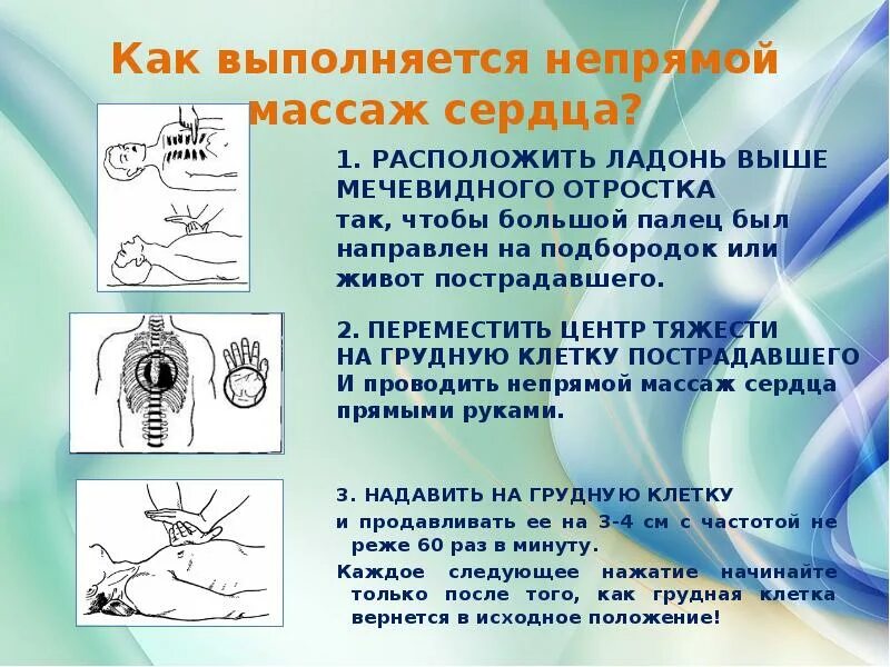 При непрямом массаже сердца пальцы располагаются. Порядок проведения непрямого массажа сердца. как выполняется непрямой массаж сердца. правила проведения непрямого массажа сердца. порядок выполнения непрямого массажа сердца.