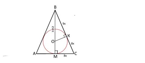 У рівнобедрений трикутник вписано коло,центр якого віддалений від вершини трикут