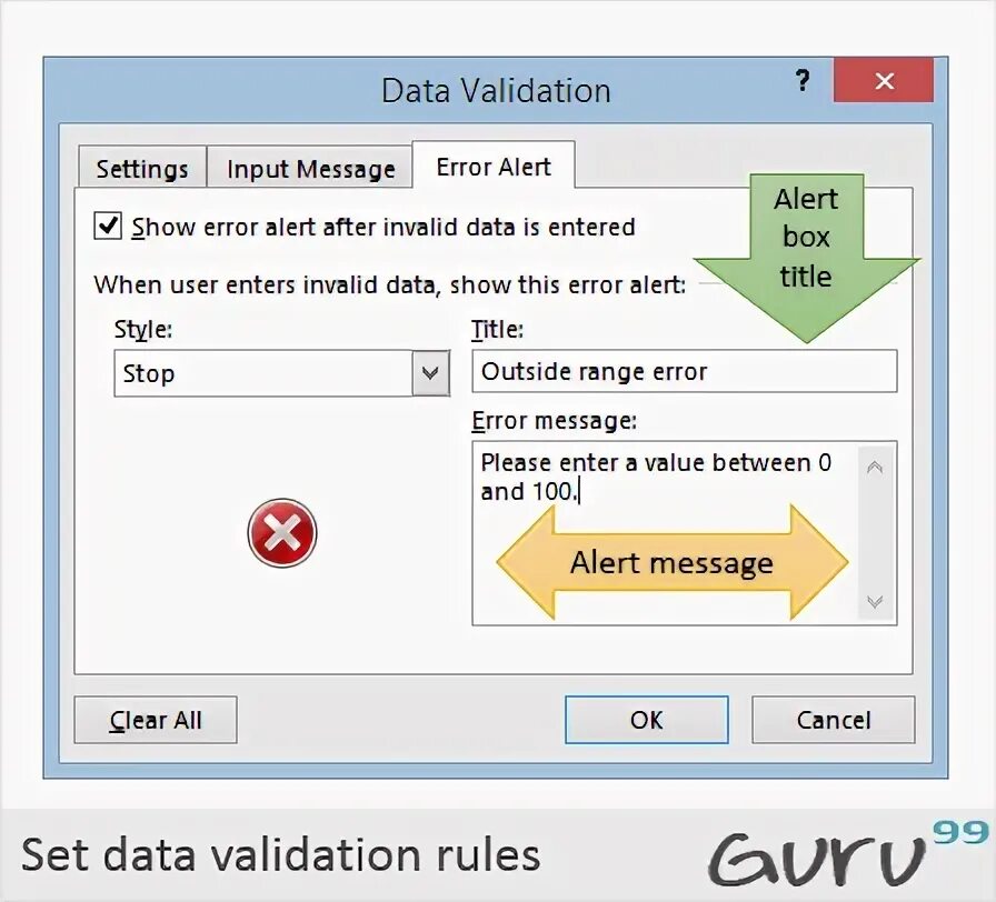 Message input. Data validation. Input message. Error Alert. Express user data validation.