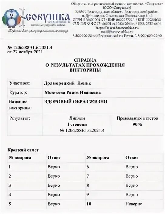 Список номеров участников викторины опорный край