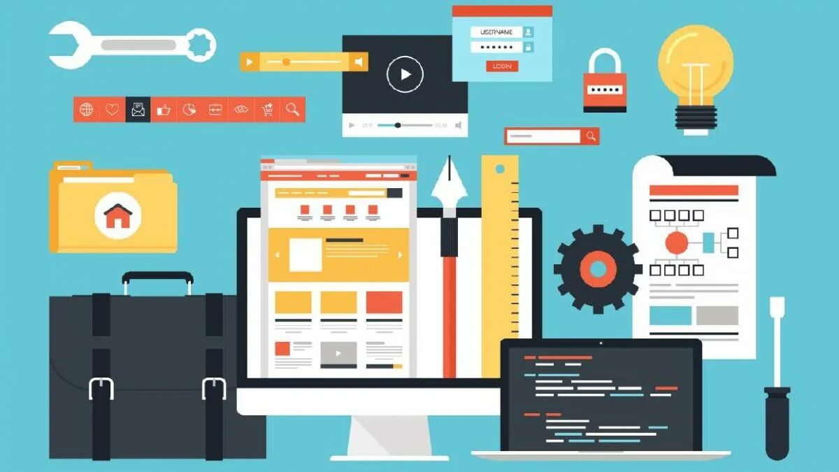Web tools. Инструменты веб дизайнера. инструменты для разработки веб сайтов. инструменты для разработки web-сайтов. листовка в стиле flat.