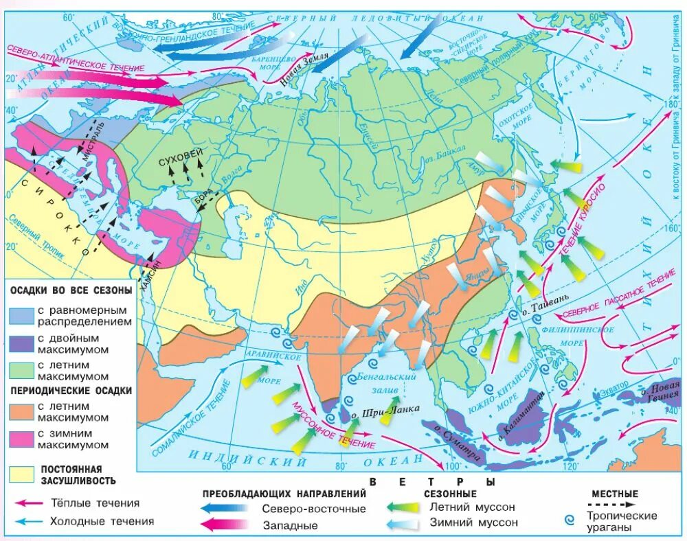 Климат Евразии карта. Направление ветров в Евразии. Сезонность осадков и ветры в Евразии. Господствующие ветры Евразии.