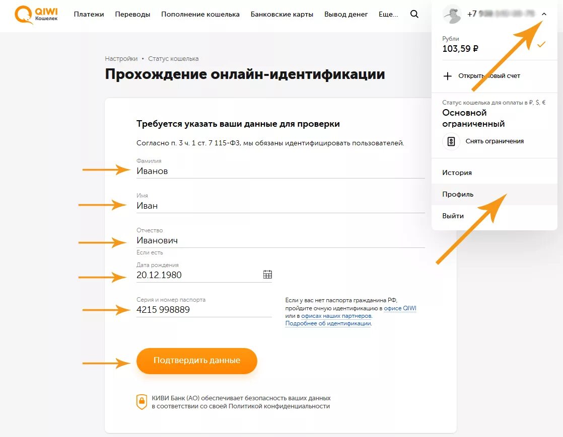 Как подтвердить паспортные данные. QIWI кошелек идентификация. Данные для идентификации киви кошелька. Паспортные данные для идентификации киви.