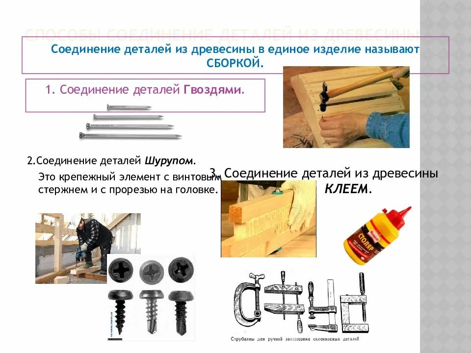 Основные технологические операции ручной обработки древесины. Способы соединения деталей из древесины. Сборка изделия из древесины. Соединение деталей в изделиях из древесины