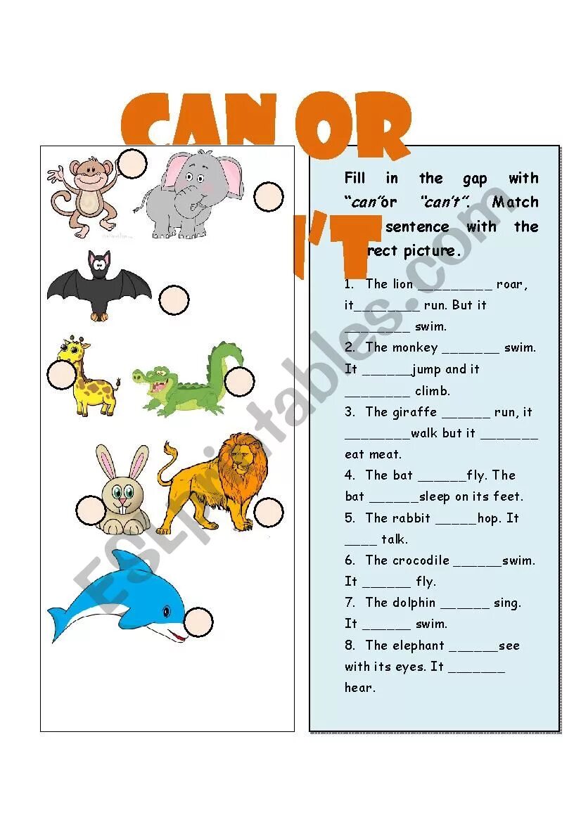 Can can t упражнения 3. Can can't animals for Kids 2 класс. Can can't животные. I can задания. Can can't Worksheets животные.