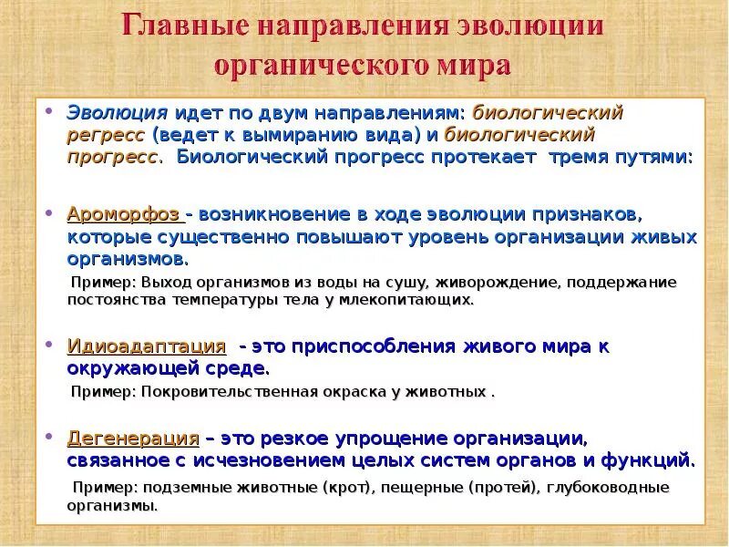 Закономерности направления эволюции. Главные направления эволюции 11 класс биология. Главные направления эволюции Прогресс и регресс.