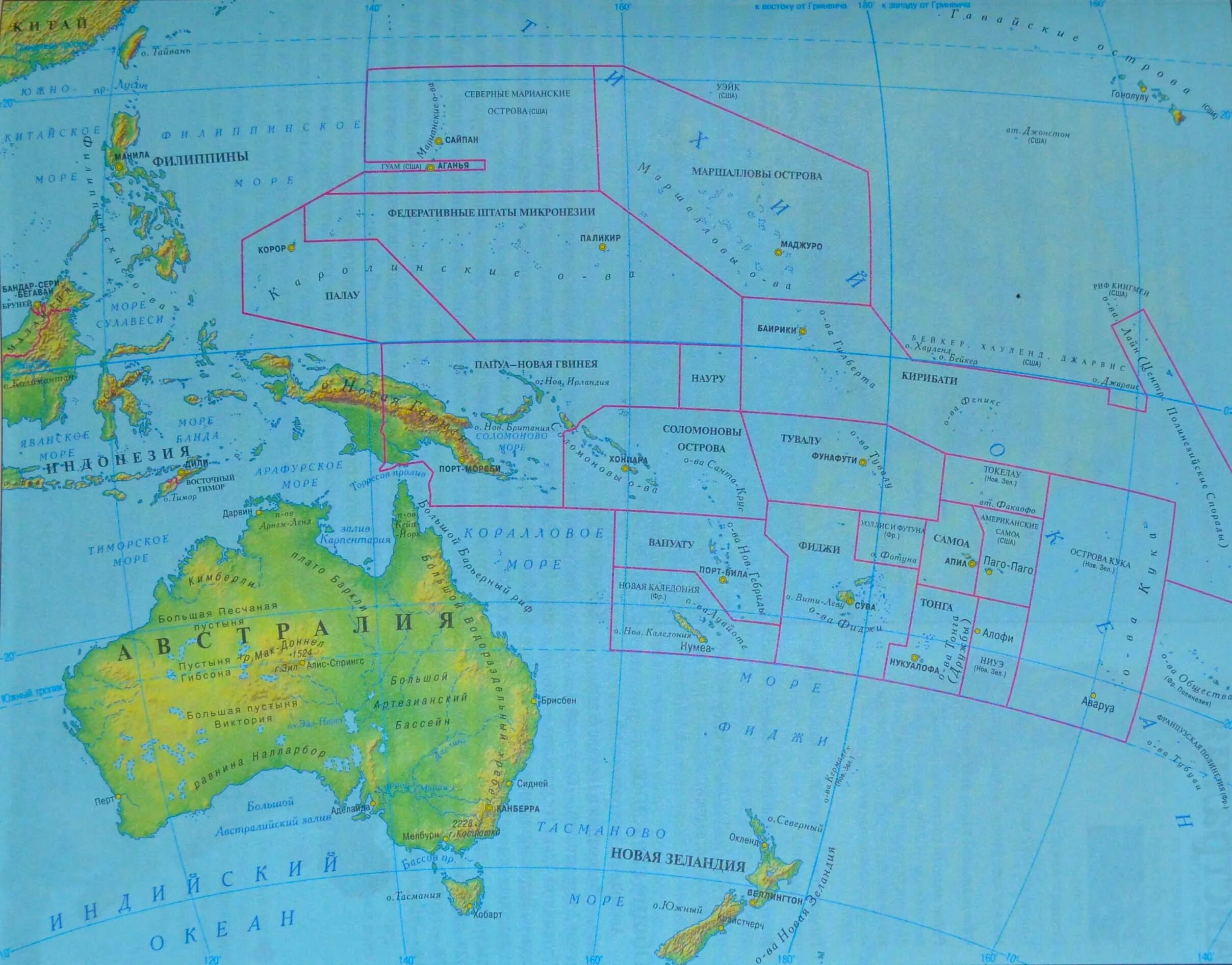 Политическая карта Океании со странами. Карта Австралия и Океания политическая карта. Физ карта Австралии и Океании. Политическая карта Австралии и Океании на русском.