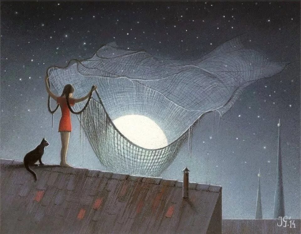 Догнать во сне. Сюрреализм ночь. Звезды сюрреализм. Женщина с котом на крыше. Крыша сюрреализм.