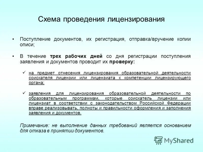 В течение 3 три рабочих дней. Проведение лицензирования. Схема получения лицензии на образовательную деятельность. Заявление о получении лицензии на образовательную деятельность. Как проводится лицензирование.